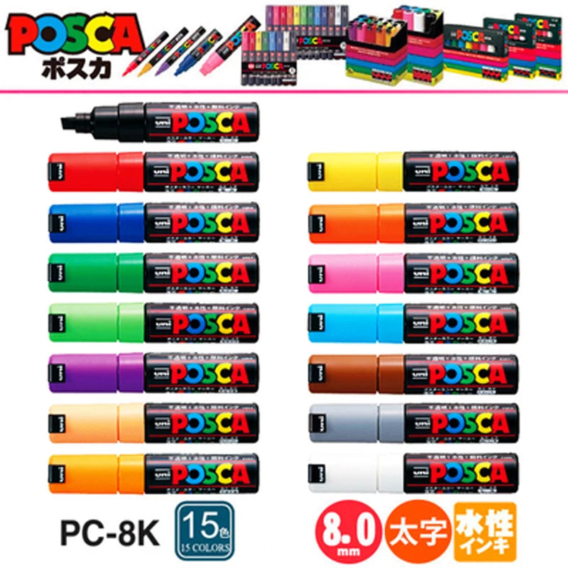 15Pcs  POSCA Marker Pen - PC-8K -Poster Graffiti Pen 8Mm Manga Painting Hand-Painted Permanent Pen Art Supplies