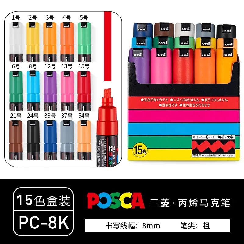 15Pcs  POSCA Marker Pen - PC-8K -Poster Graffiti Pen 8Mm Manga Painting Hand-Painted Permanent Pen Art Supplies