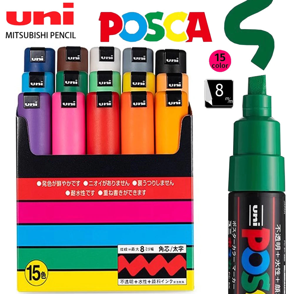 15Pcs  POSCA Marker Pen - PC-8K -Poster Graffiti Pen 8Mm Manga Painting Hand-Painted Permanent Pen Art Supplies